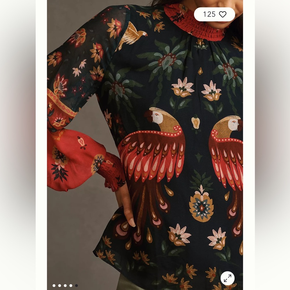 Anthropologie NWT FARM RIO LONG-SLEEVE SMOCKED BLOUSE Size XS. - Picture 2 of 10